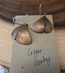 Handcrafted Artisan Copper Earrings Ginkgo Leaves Signed 2003 FOX