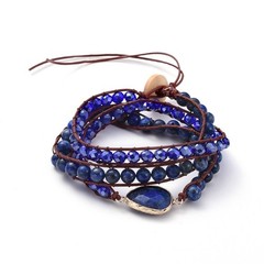 Natural Lapis Lazuli Beaded Wrap Bracelets, with Cowhide Leather Cord and Burlap