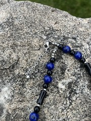 Handcrafted Lapis Lazuli, Black Onyx & Obsidian Statement Necklace 20″ PRETTY!