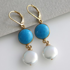 Turquoise and Shell Pearl Two Layer Earrings