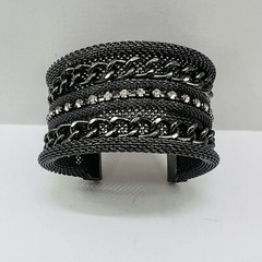 Gunmetal Cuff Bracelet With Rhinestones Metal Mesh Curb Link Chain Punk Preowned