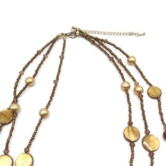 Golden Yellow Brown Mother of Pearl Seed Bead 3 Multi Strand Necklace 18″