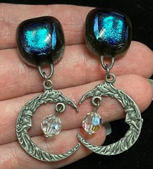 Art glass pewter magic moon face dangle crystal earrings artesian jewelry