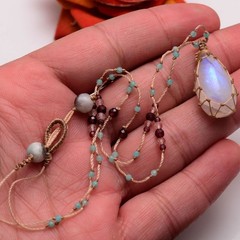 Handmade Natural Moonstone Top Quality Micro Macrame Cabochon Beaded Necklace