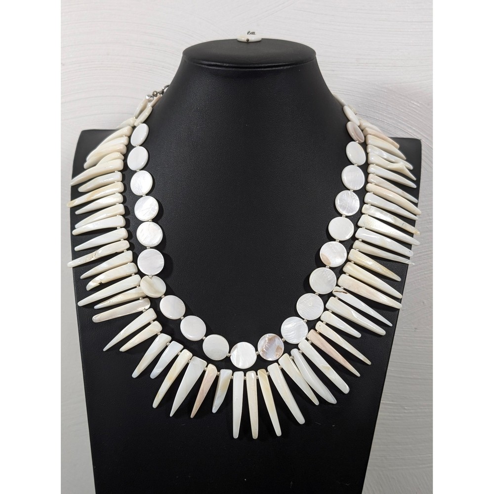 Artisan White Shell Fringe Necklace 24″ Boho Coastal Statement