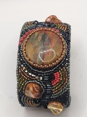Handmade Bead Embroidered Cuff Bracelet Artisan Statement Jewelry Stone Cabochon