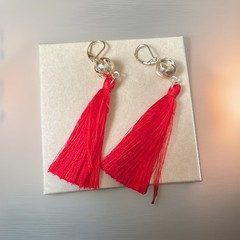 Red Silk Tassel Dangle Earrings W/GiftBox, Gold Accent Bead, Lever Back, 3” Drop