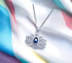 Blue Sapphire Necklace Lotus Flower Style Water lily Pendant 18KGP @ Sterling