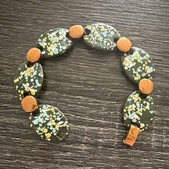 Handcrafted Copper Enamel Link Bracelet Floral Design Green Yellow White Oval