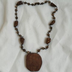 Vintage Hand Carved Wood & Seed Bead Necklace Folk Art Boho Statement 26″