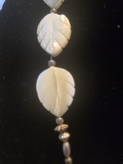 Genuine large carved mother of pearl leaf necklace – 26″ & Earrings M