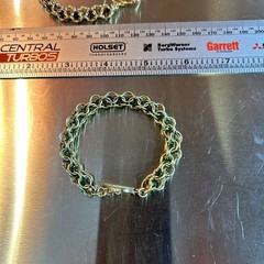 gold Byzantine round Link Bracelet w/green stones inside – 7”