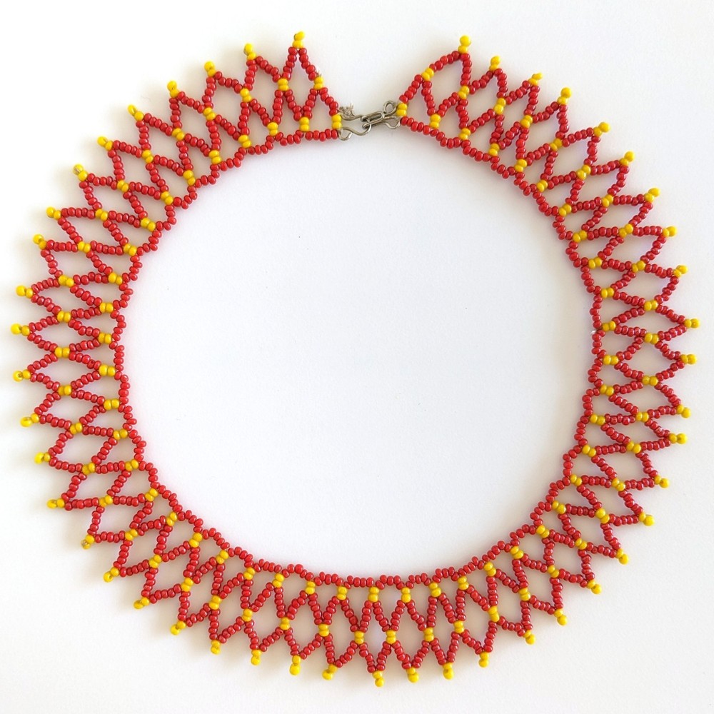 Vintage SW Artisan Red Yellow Glass Seed Beaded Woven 14″ Collar Choker Necklace