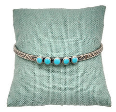 Sterling Silver Sky Blue Turquoise Cabochons Scrollwork 4.0mm Cuff Bracelet 7.5″