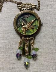 Bird Necklace- Bird & Leaves In watch Case, Glass Beads, Repurposed Items, 26”
