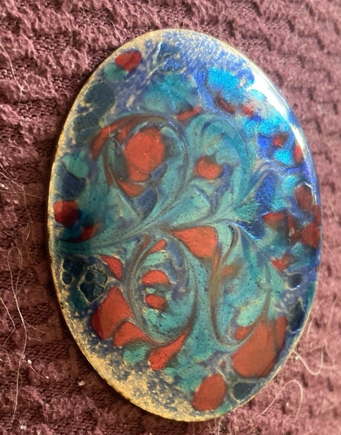 Inga Broach Enamel on Copper Blue/Red 1.5×2″ signed