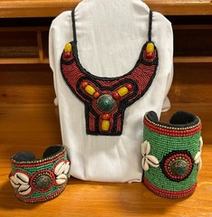 Vintage Tibetan Beaded Necklace with Cowry Shells & Matching Cuff Bracelets