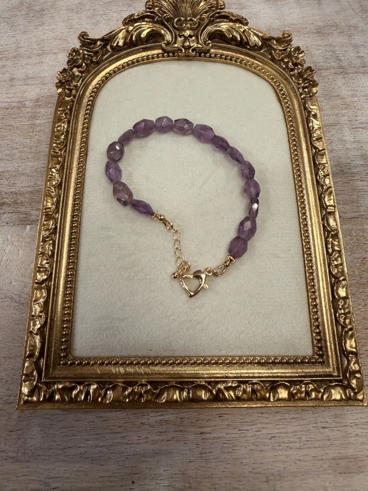 Artisan Made Faceted Purple Amethyst Bead Bracelet with Gold-Tone Clasp
