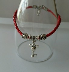 Retro Fashion Red Leather Bracelet Cartoon Mouse Key Charm Silver Jewelry