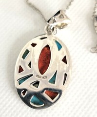 Vintage Coral Turquoise MOP Inlay Oval Pendant Necklace 925 Sterling Silver 18″