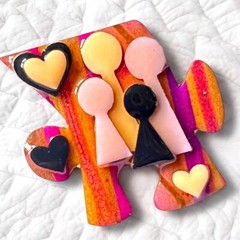 Handmade Lucinda People Pin Brooch Puzzle Piece Family Hearts Signed Vintage