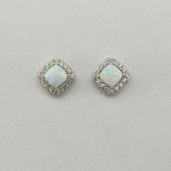 White Square FIRE OPAL Post / Stud Earrings with CZs – 925 STERLING SILVER #641e