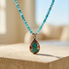 Natural Apatite Necklace, Tibetan Silver Turquoise Coral Pendant, Boho Gemstone