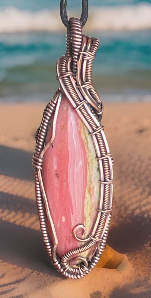 Natural Peruvian Pink Opal ~ Handmade copper wire wrapped pendant 14a