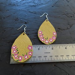 Handmade Genuine Leather Earrings Yellow Pink Painted Flowers Mexican Folk Art