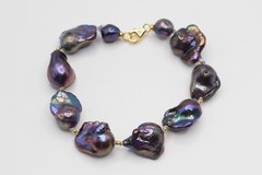 Black Baroque Pearl Bracelet, Handknotted 925 Sterling Silver Gold Plated