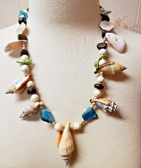 24″ Beach fun shell necklace, wood & glass bead accents, cream blue green brown