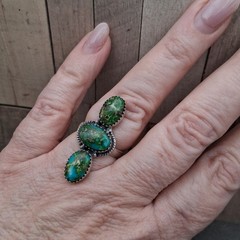 Sonoran Gold Turquoise Ring Adjustable 6-8 Sterling Silver 3 Stone Southwestern