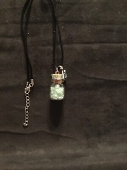 MINI Bottle Pendant -CRUSHED GLASS & FISH CHARM ON 16 INCH BLACK SATIN NECKLACE