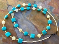 Handmade Necklace of Round and Square Turquoise Magnesite and Italian Onyx Beads