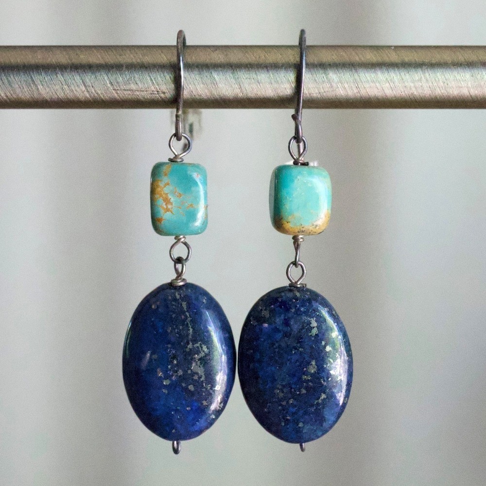 Handmade Lapis Lazuli and Turquoise Drop Earrings Blue Gemstone Dangle 2 Inch