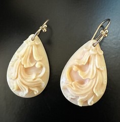 HandCarved Trumpet Shell Earrings Florentine Teardrop Design Simple French Hook
