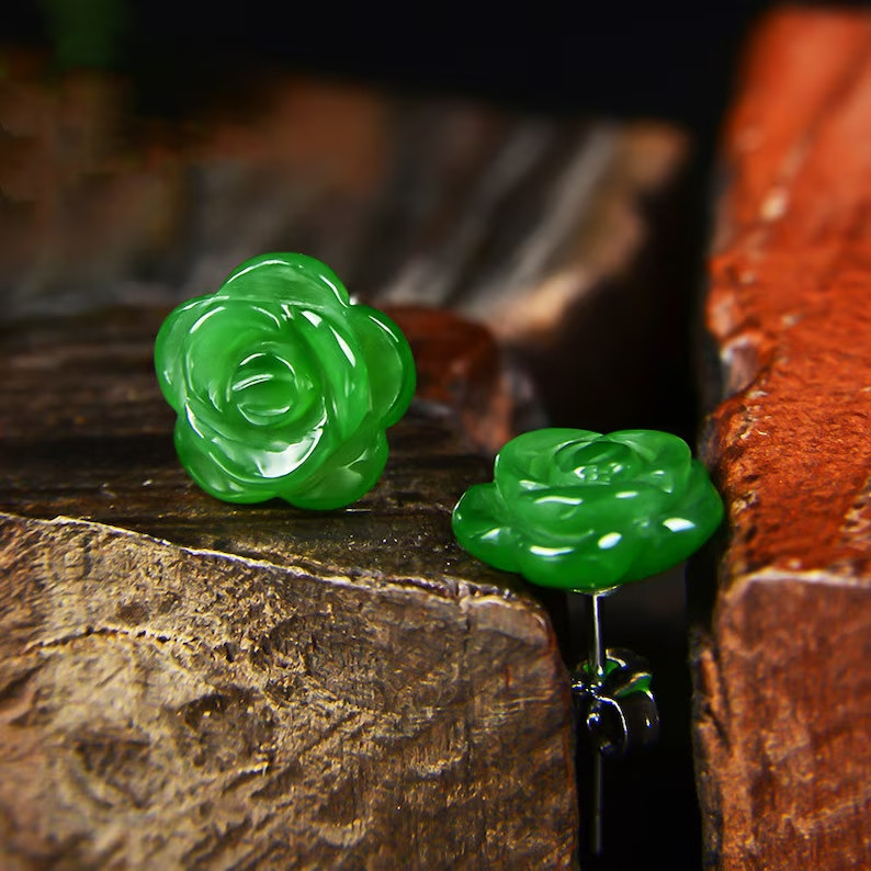 Hand Carved Green Jade Rose Flower Sliver Healing Reiki Dainty Stud Earrings
