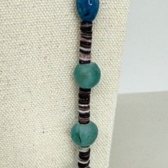 Artisan Beaded Lariat Tassel Necklace Turquoise Tigers Eye Sea Glass Blue Brown
