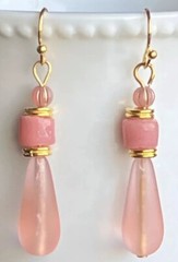 Beautiful Gold and Pink Beach Glass Teardrop Earrings. Beach.