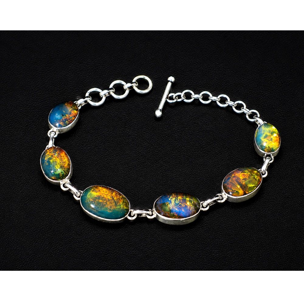 Quality Artisan Blue Green Dominican Amber 925 Sterling Silver Oval Bracelet 5″+