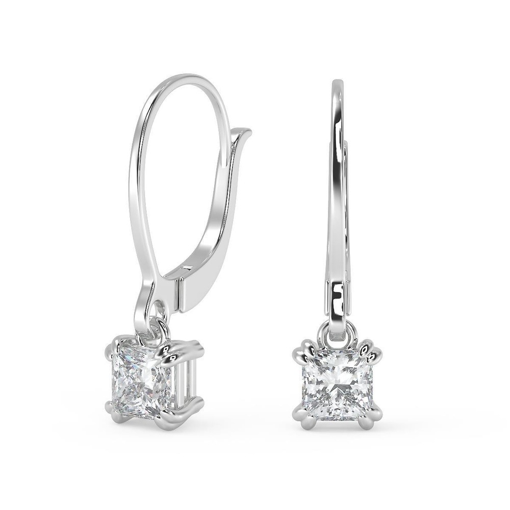 1.5 Ct Princess Cut Double Prong Diamond Earrings VS1 D Leverback