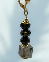 Austrian Crystal Aurora Borealis Earrings Gold Toned Dangle Black Grey Leverback