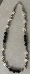 Handmade white stone star, brown and green stone, silver metal beads necklace