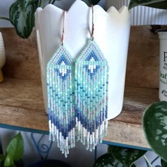 Handmade Mint Green & Blue Beaded Fringe Cascade Dangle Earrings, 5″