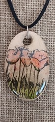 Ceramic Beige Glittery Oval W/Orange Flowers Pendant On Black Cord,necklace 18″