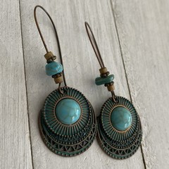 Ethnic Turquoise Howlite Pendant Antique Copper Long Artisan Boho Earrings