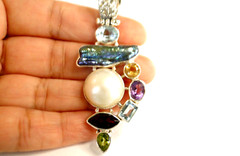 White Mabe Pearl Black Biwa Multi Gemstone 925 Sterling Silver Pendant