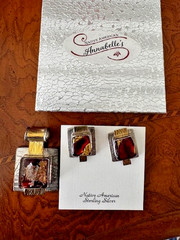 Artisan crafted sterling & gold art glass earrings & necklace set