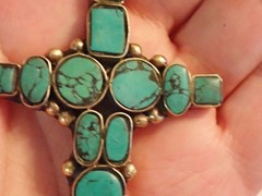 Turquoise Inlay cross in Tibetan silver Approx 2 1/4 inch