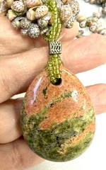 Boho Shell Necklace Unakite Stone Pendant Artisan Beach Statement Necklace